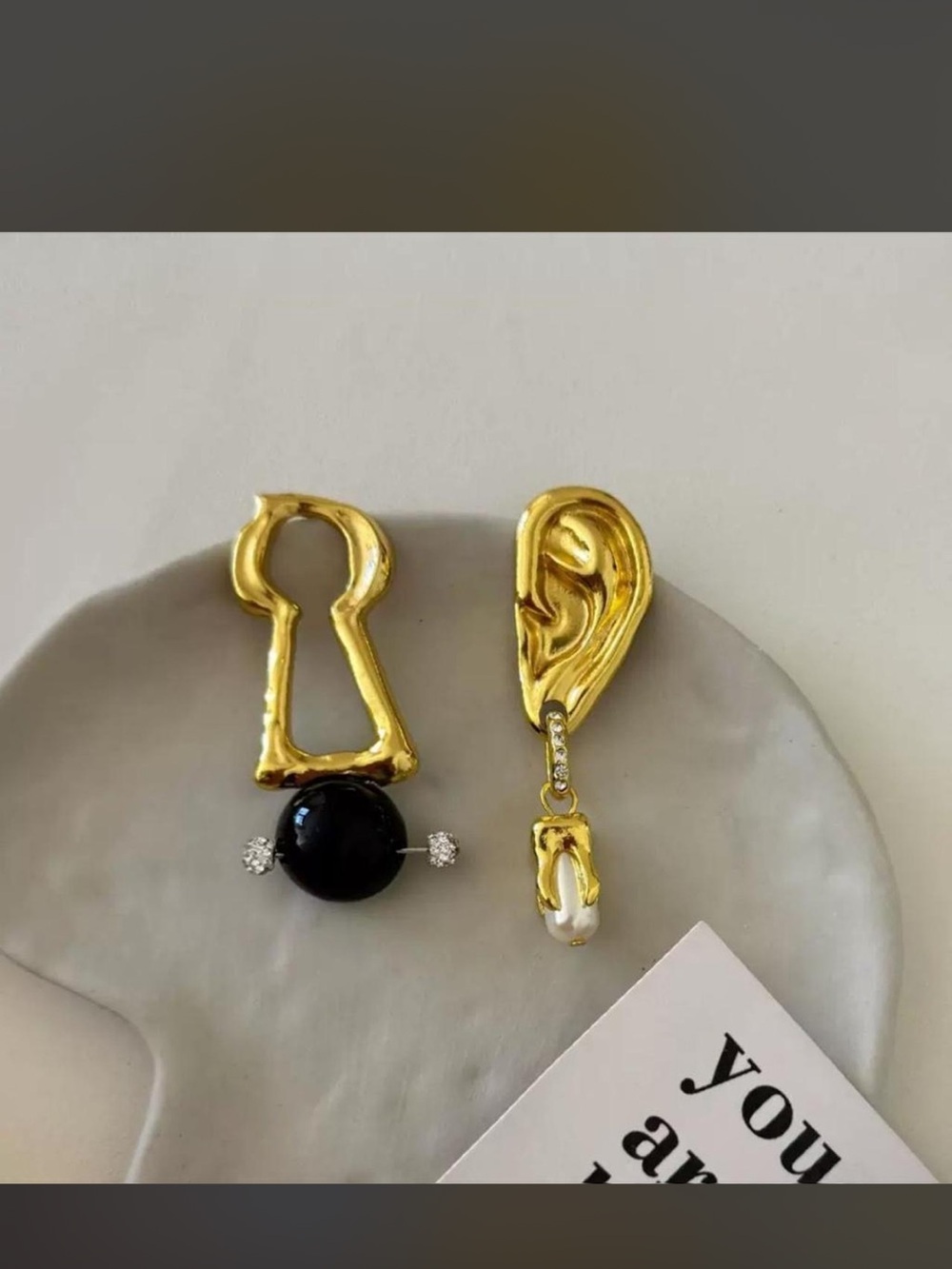 Gold Tone Asymmetric Keyhole & Ear Earrings with Black and Pearl Accents